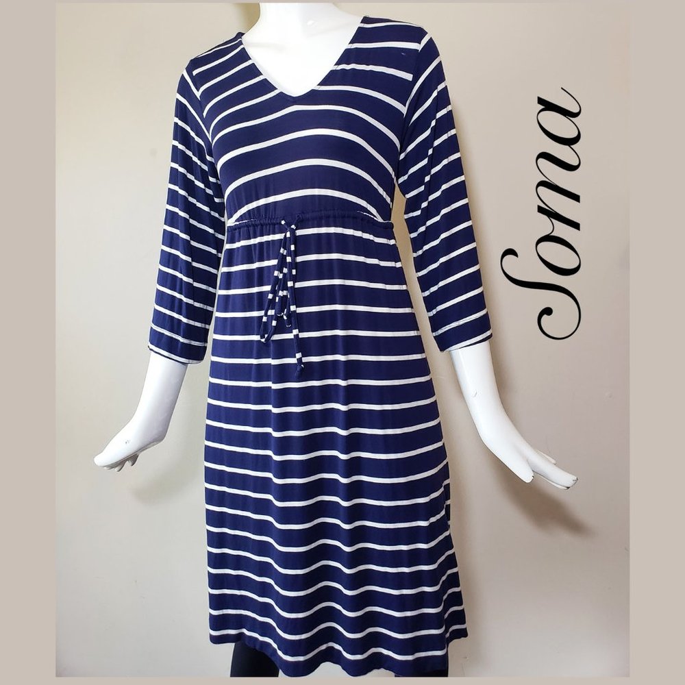 Blue & white stripes shirt dress 3/4 sleeves XS